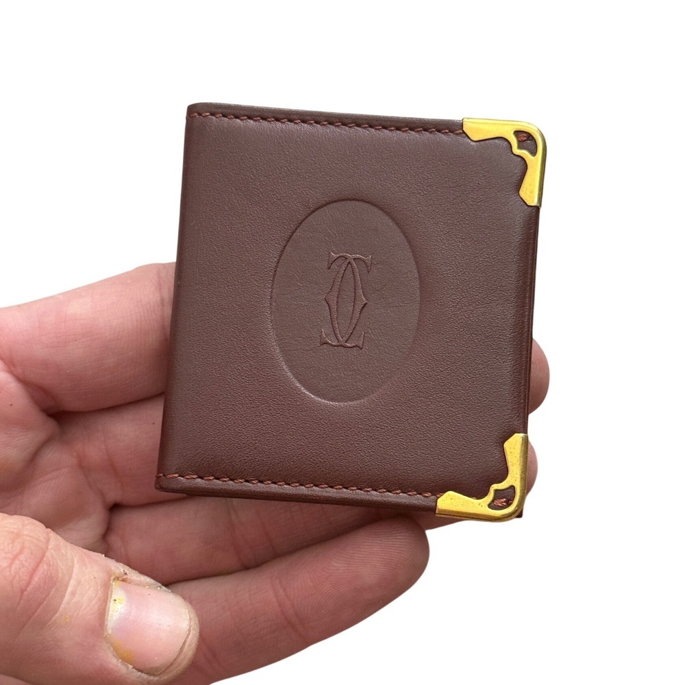 Mini Must de Cartier Burgundy Leather Bifold Photo Holder Gold Corners Paris Box